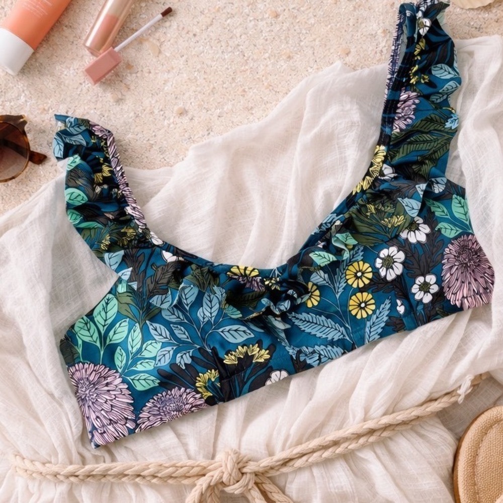 J.Crew Bikini Top Womens S Teal Floral Abigail Borg Ruffle V-Neck J4800‎